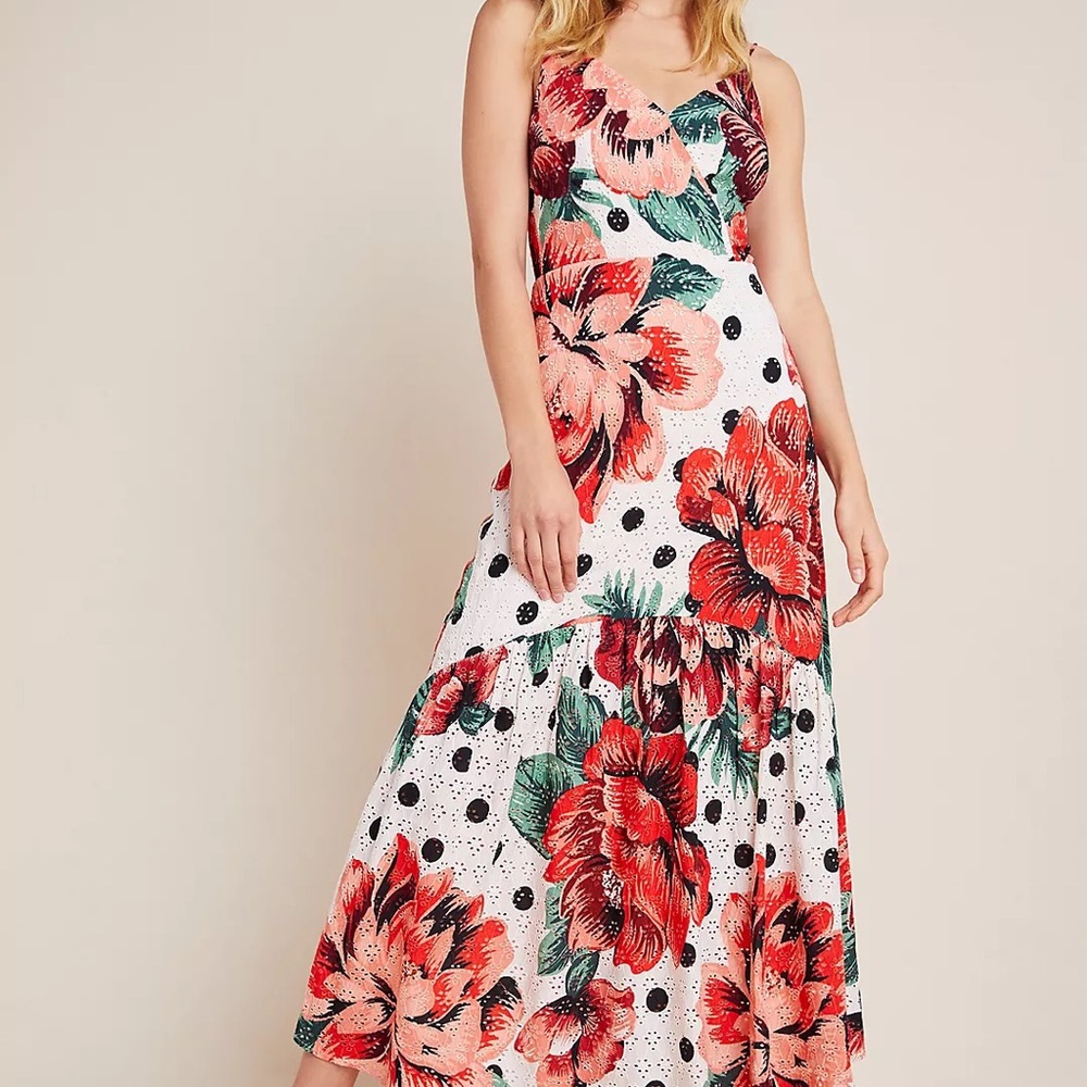 Farm Rio Anthropology Red floral Eyelet Riviera Maxi dress. NEW w/ tags . SZ. 8 - Picture 5 of 8